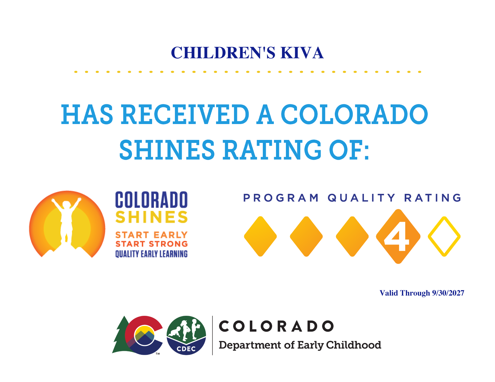Children's Kiva Colorado Shines rating of 4 certificate from the Colorado Department of Early Childhood
